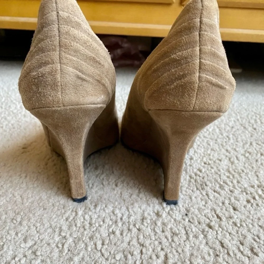 BCBG Taupe peep toe slip on wedge heels